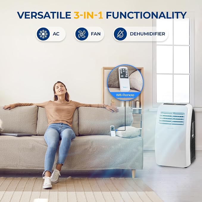 3-in-1 Portable Air Conditioner with Built-in Dehumidifier Function,Fan Mode, Remote Control, Complete Window Mount Exhaust