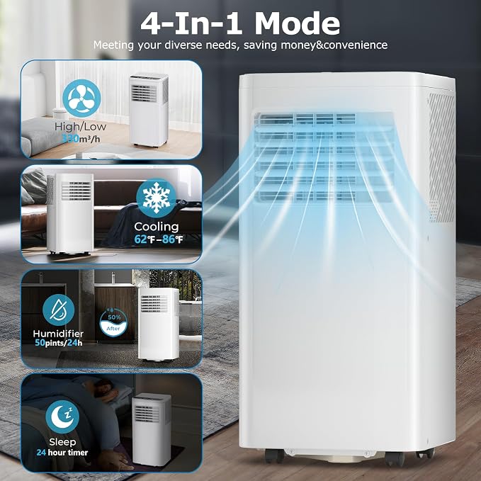3-in-1 Portable Air Conditioners,10000BTU Portable AC Units Cools 450 Sq.Ft. with 24H Timer Remote Control,Easy Install Kit