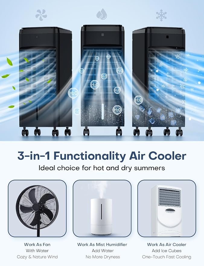 3-IN-1 Portable Air Conditioners 4 Modes & 3 Speeds, Waterless Alert System, 12H Timer, 1 Gal Detachable Water Tank, 4 Ice