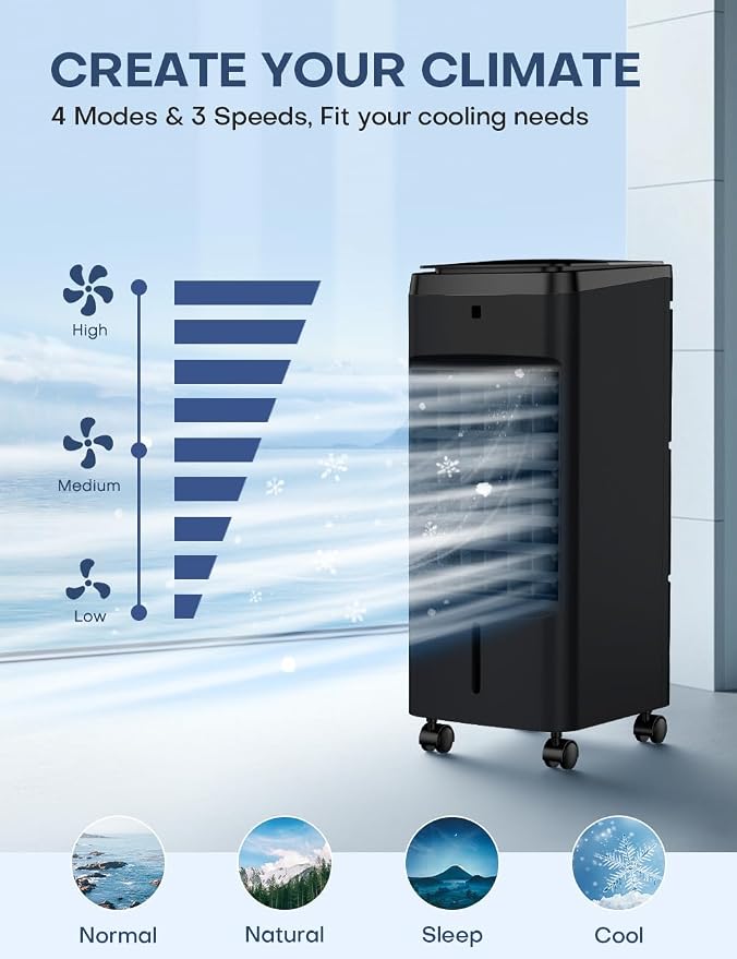 3-IN-1 Portable Air Conditioners 4 Modes & 3 Speeds, Waterless Alert System, 12H Timer, 1 Gal Detachable Water Tank, 4 Ice