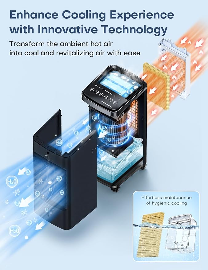 3-IN-1 Portable Air Conditioners 4 Modes & 3 Speeds, Waterless Alert System, 12H Timer, 1 Gal Detachable Water Tank, 4 Ice