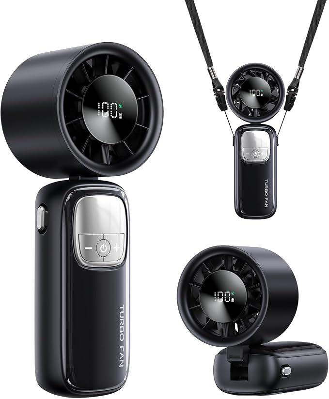 3-in-1 Portable Handheld Turbo Fan-100 Speeds, 15000 RPM, 10Hrs Cooling, LED Display, 90° Rotation, USB Rechargeable Battery