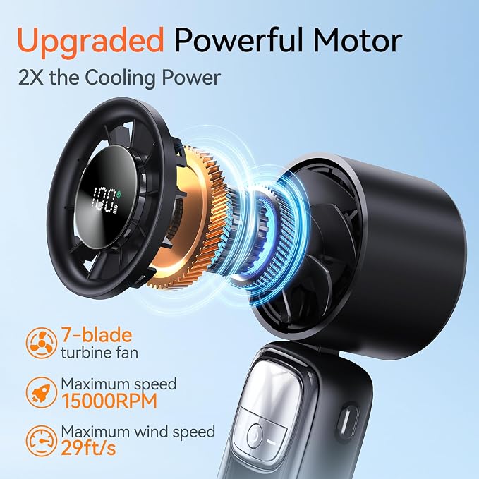 3-in-1 Portable Handheld Turbo Fan-100 Speeds, 15000 RPM, 10Hrs Cooling, LED Display, 90° Rotation, USB Rechargeable Battery