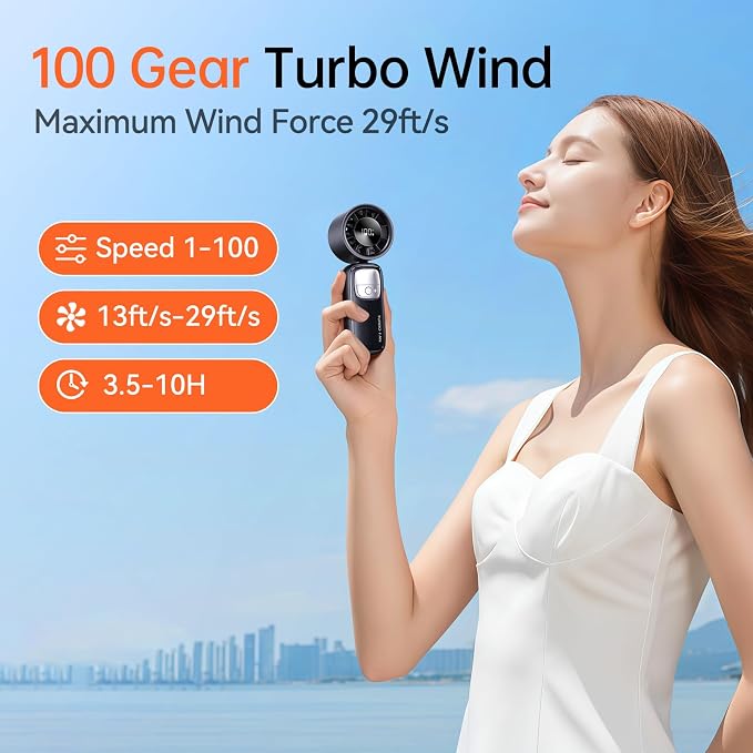 3-in-1 Portable Handheld Turbo Fan-100 Speeds, 15000 RPM, 10Hrs Cooling, LED Display, 90° Rotation, USB Rechargeable Battery