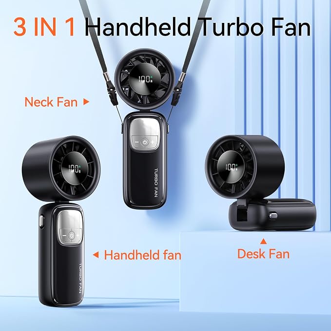 3-in-1 Portable Handheld Turbo Fan-100 Speeds, 15000 RPM, 10Hrs Cooling, LED Display, 90° Rotation, USB Rechargeable Battery