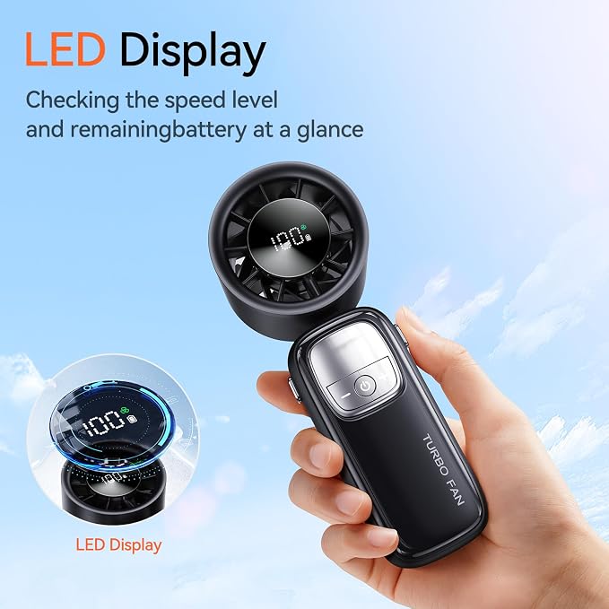 3-in-1 Portable Handheld Turbo Fan-100 Speeds, 15000 RPM, 10Hrs Cooling, LED Display, 90° Rotation, USB Rechargeable Battery