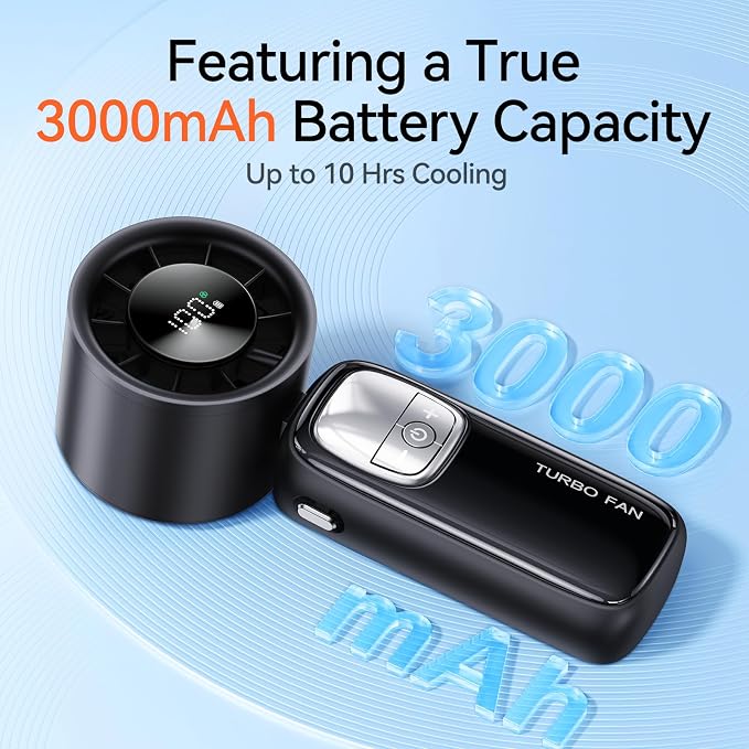 3-in-1 Portable Handheld Turbo Fan-100 Speeds, 15000 RPM, 10Hrs Cooling, LED Display, 90° Rotation, USB Rechargeable Battery