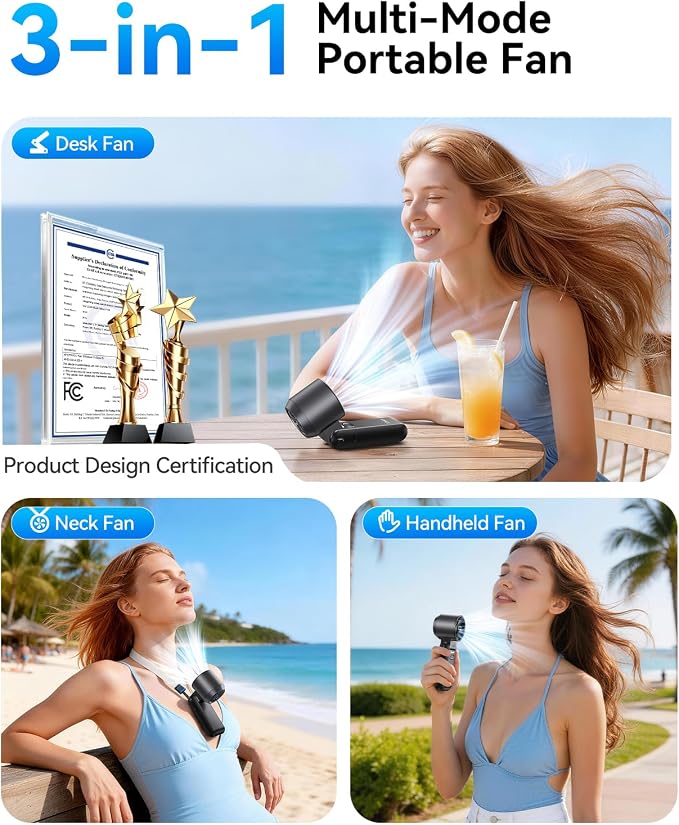 3-in-1 Portable Handheld Turbo Fan-100 Speeds,Powerful 20000 RPM, 12Hrs Cooling, LED Display, 120° Rotation, USB Rechargeable