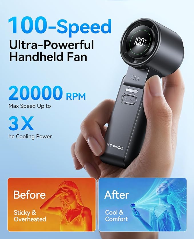 3-in-1 Portable Handheld Turbo Fan-100 Speeds,Powerful 20000 RPM, 12Hrs Cooling, LED Display, 120° Rotation, USB Rechargeable