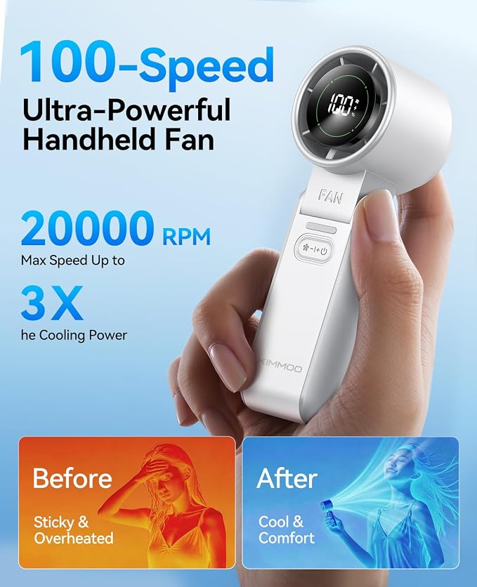 3-in-1 Portable Handheld Turbo Fan-100 Speeds,Powerful 20000 RPM, 12Hrs Cooling, LED Display, 120° Rotation, USB Rechargeable