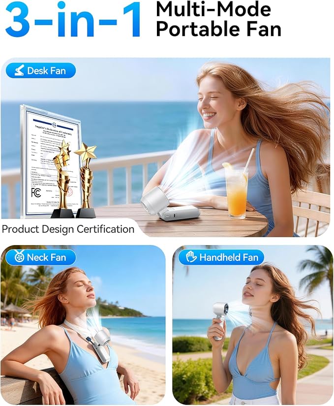 3-in-1 Portable Handheld Turbo Fan-100 Speeds,Powerful 20000 RPM, 12Hrs Cooling, LED Display, 120° Rotation, USB Rechargeable