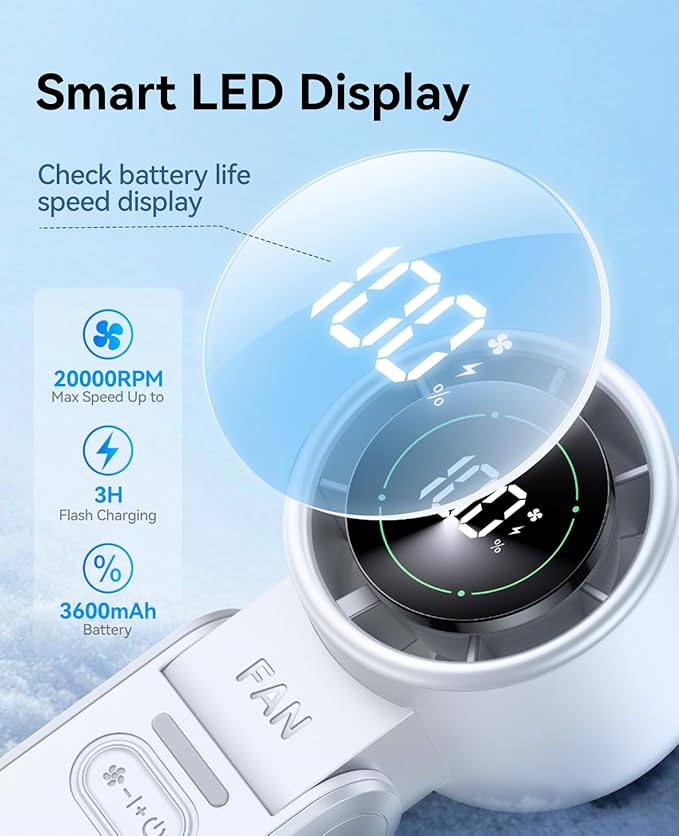 3-in-1 Portable Handheld Turbo Fan-100 Speeds,Powerful 20000 RPM, 12Hrs Cooling, LED Display, 120° Rotation, USB Rechargeable