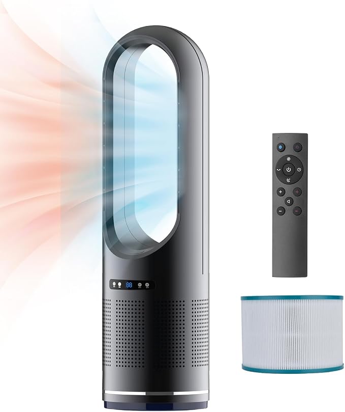 3 IN 1 Tower Fan, 31.5Inch Cooling & Heating Bladeless Fan with HEPA Filter, Floor Fan Combo 80° Oscillating with Remote