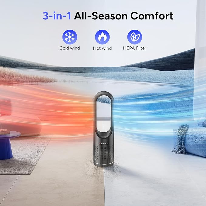 3 IN 1 Tower Fan, 31.5Inch Cooling & Heating Bladeless Fan with HEPA Filter, Floor Fan Combo 80° Oscillating with Remote