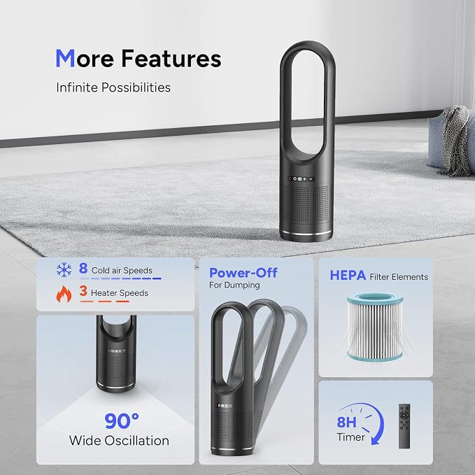 3 IN 1 Tower Fan, 31.5Inch Cooling & Heating Bladeless Fan with HEPA Filter, Floor Fan Combo 80° Oscillating with Remote