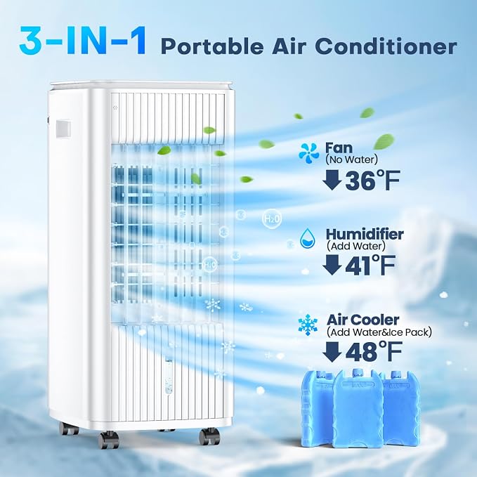 3-IN-1 Windowless Air Conditioner w/Double Tanks, Smart Timer, 3 Ice Packs, 60W Evaporative Air Cooler, 70° Oscillation