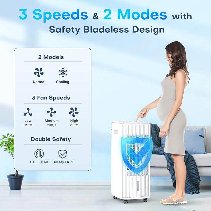 3-IN-1 Windowless Air Conditioner w/Double Tanks, Smart Timer, 3 Ice Packs, 60W Evaporative Air Cooler, 70° Oscillation