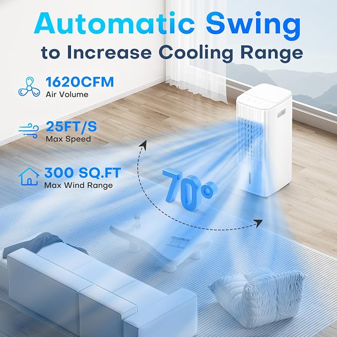 3-IN-1 Windowless Air Conditioner w/Double Tanks, Smart Timer, 3 Ice Packs, 60W Evaporative Air Cooler, 70° Oscillation