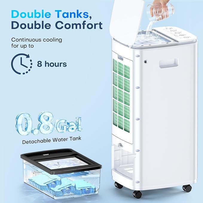 3-IN-1 Windowless Air Conditioner w/Double Tanks, Smart Timer, 3 Ice Packs, 60W Evaporative Air Cooler, 70° Oscillation
