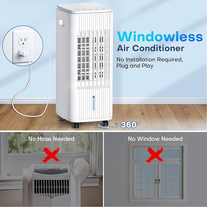 3-IN-1 Windowless Air Conditioner w/Double Tanks, Smart Timer, 3 Ice Packs, 60W Evaporative Air Cooler, 70° Oscillation