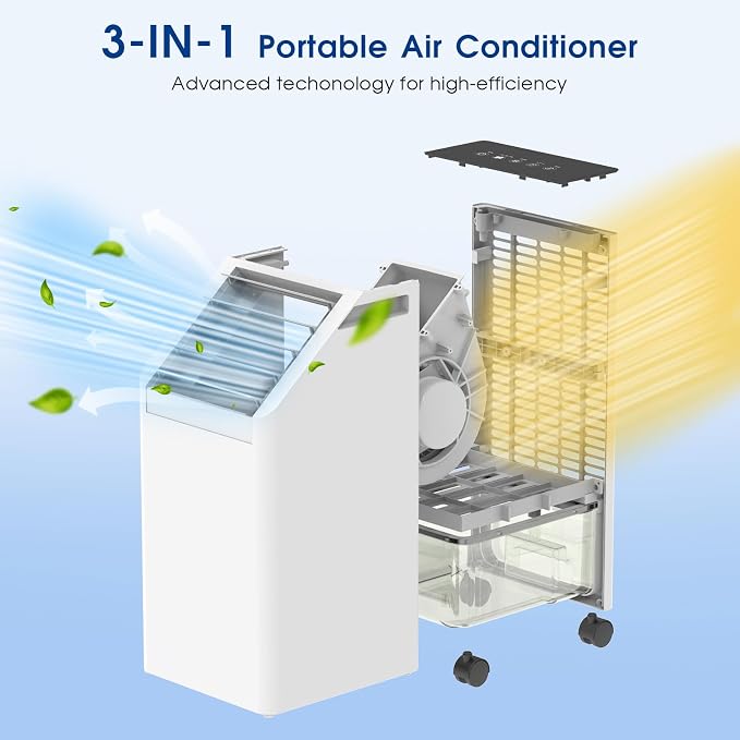 3-IN-1 Windowless Portable Air Conditioner, Evaporative Air Cooler with 90° Oscillation, 3 Speeds, Remote, 1 Gal Water Tank