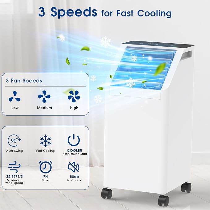 3-IN-1 Windowless Portable Air Conditioner, Evaporative Air Cooler with 90° Oscillation, 3 Speeds, Remote, 1 Gal Water Tank