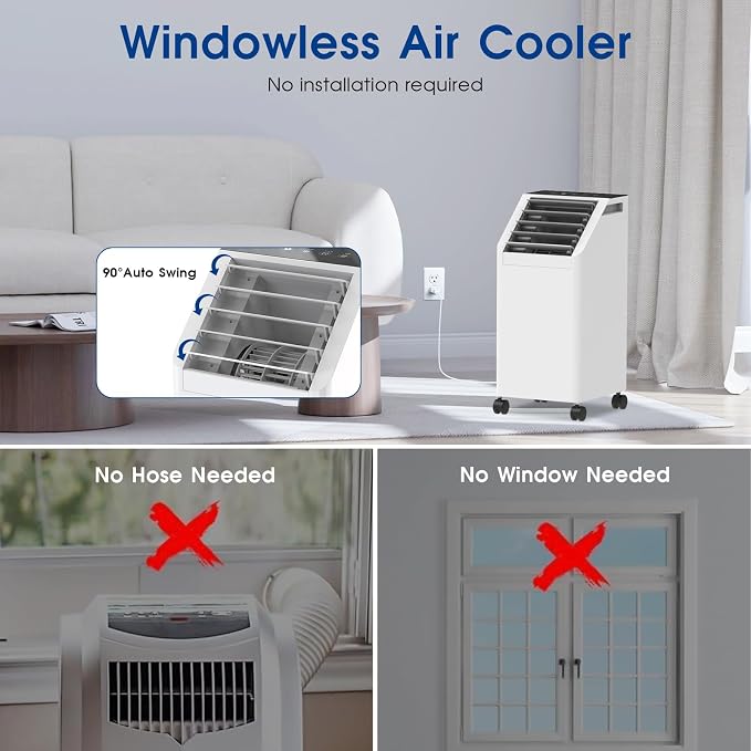 3-IN-1 Windowless Portable Air Conditioner, Evaporative Air Cooler with 90° Oscillation, 3 Speeds, Remote, 1 Gal Water Tank