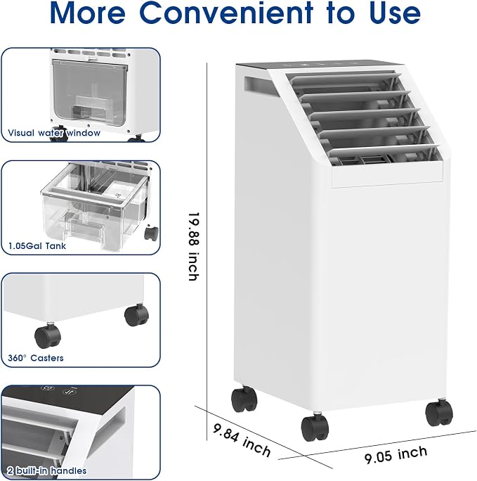 3-IN-1 Windowless Portable Air Conditioner, Evaporative Air Cooler with 90° Oscillation, 3 Speeds, Remote, 1 Gal Water Tank