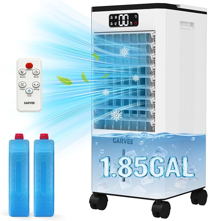 3-IN-1portable air conditioners, 1.84Gal Touch Screen Swamp Cooler with Remote Control, 6 Speeds/3 Modes/LED Display/90°+90°