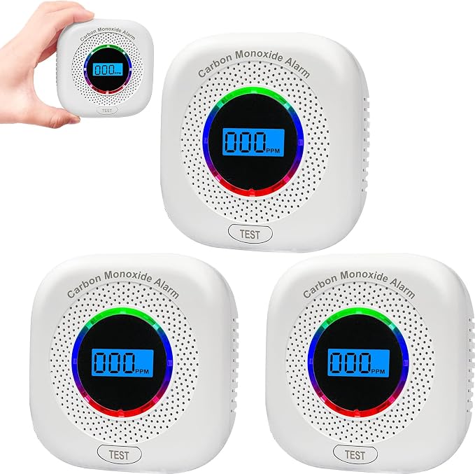 3 Pack Carbon Monoxide Detectors, CO Alarm Detector Monitor Power Operated, Portable Traval Carbon Monoxide