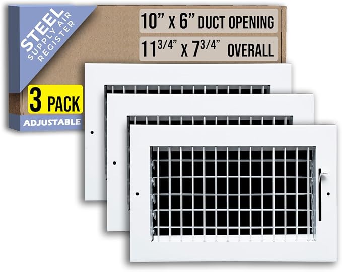 3 Pack] Fits 10x6 Duct Opening Steel Adjustable Air Supply Grille by | Register Vent Cover Grill for Sidewall and Ceiling |