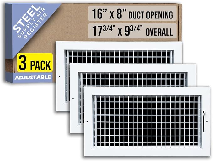 3 Pack] Fits 16x8 Duct Opening Steel Adjustable Air Supply Grille by | Register Vent Cover Grill for Sidewall and Ceiling |