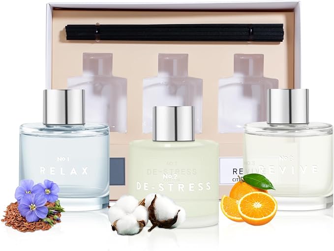 3 Pack Fragrance Diffuser, 50ML Clean Linen Cotton Citrus Aromatherapy Set with 12 Black Fiber Sticks,Air Freshener for