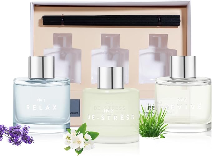3 Pack Fragrance Diffuser, 50ML Lavender Geranium Jasmine White Tea Lemongrass Ginger Aromatherapy Diffuser Set with 12 Black
