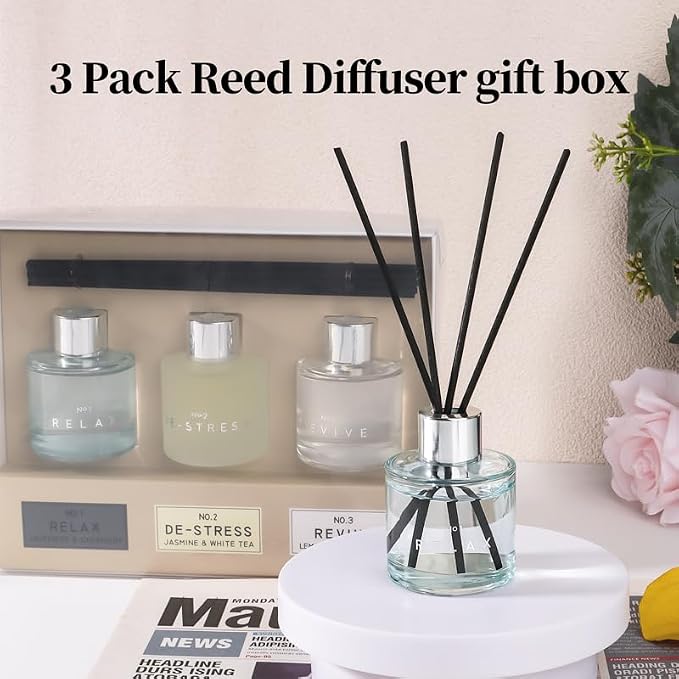 3 Pack Fragrance Diffuser, 50ML Lavender Geranium Jasmine White Tea Lemongrass Ginger Aromatherapy Diffuser Set with 12 Black