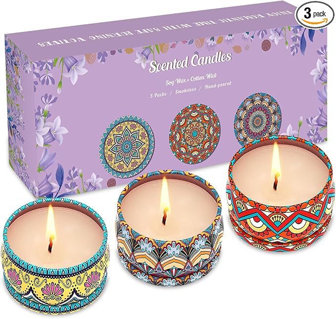 3 Pack Home Scented Candles - Strong Lavender, Bluebell & Mandarin Candle, 2.5 Oz, 100% Soy, made from natural materials