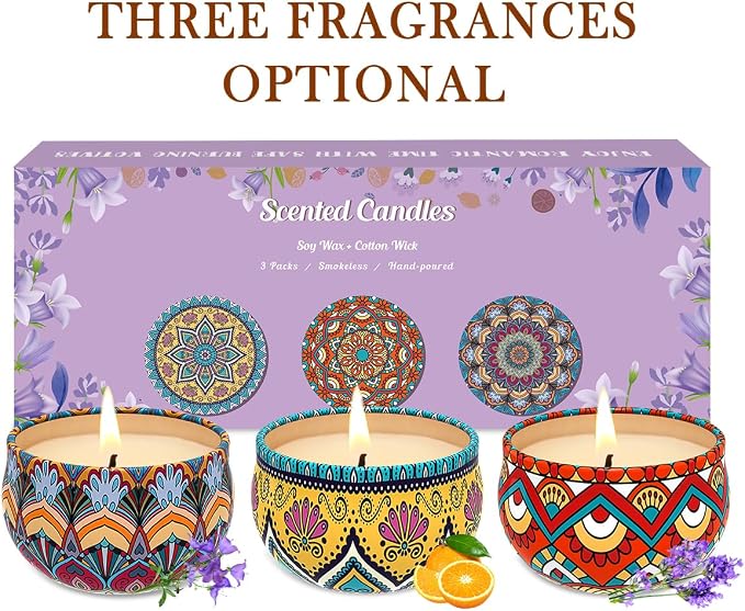 3 Pack Home Scented Candles - Strong Lavender, Bluebell & Mandarin Candle, 2.5 Oz, 100% Soy, made from natural materials