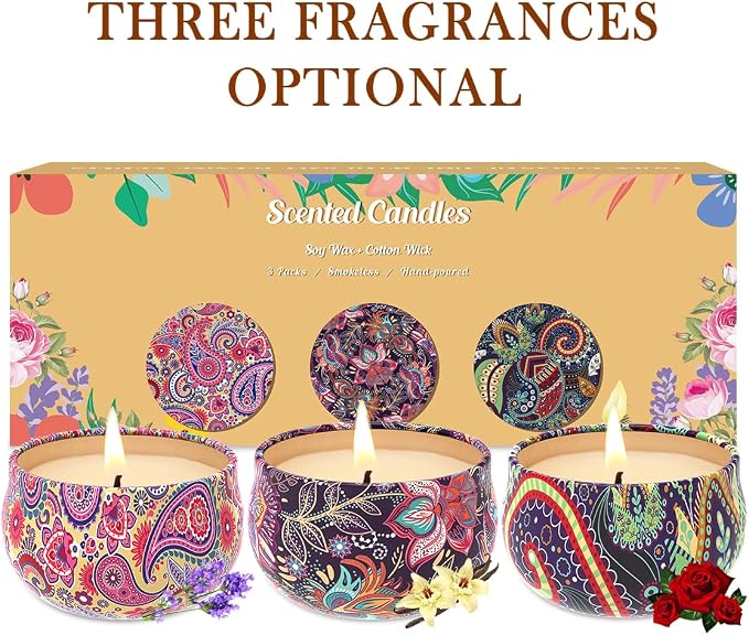 3 Pack Home Scented Candles - Strong Lavender, Vanilla & Rose Candle, 2.5 Oz, 100% Soy, made from natural materials