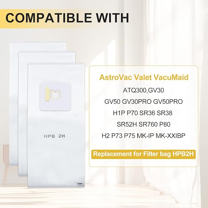 (3 Pack) HPB2H HEPA Central Vacuum Bags Compatible with, AstroVac & Valet - Replacement for H1P, P70, SR36, SR38