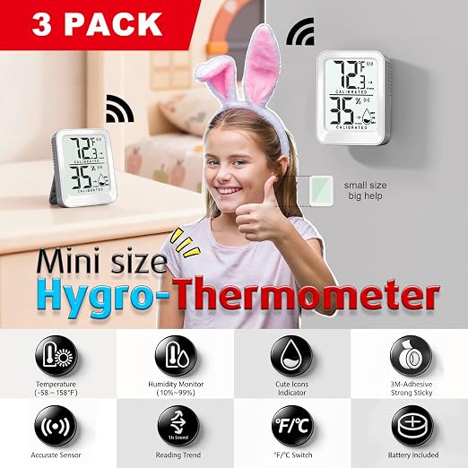 3 Pack Room Thermometer Indoor Hygrometer for Home, Digital Sensor Mini Humidity Gauge Meter, Temperature Humidity Monitor
