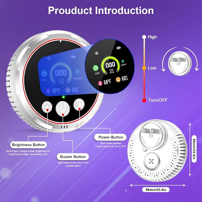 3 Pack Smoke Carbon Monoxide Detectors Plug in, 5in1 Portable Carbon Monoxide Detector & Natural Gas Leak Detector Battery