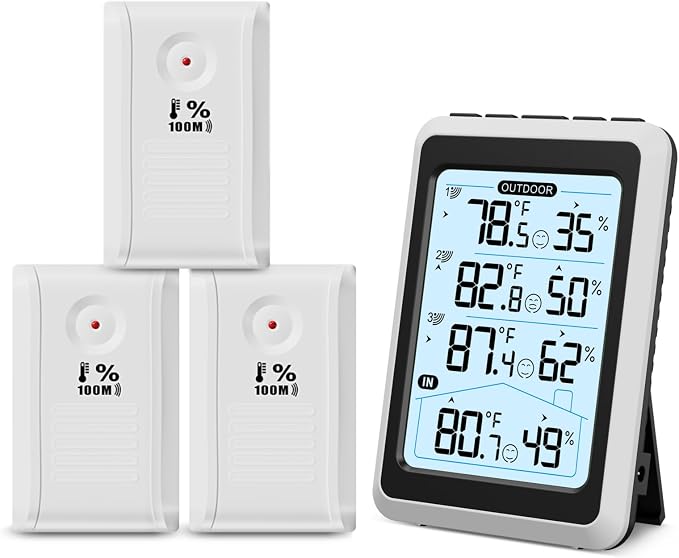 3 Sensor Wireless Indoor Outdoor Thermometer Hygrometer, Digital Temperature Humidity Monitor with Backlit Display, Min/Max