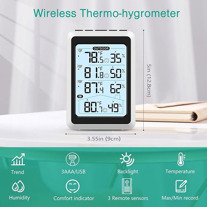 3 Sensor Wireless Indoor Outdoor Thermometer Hygrometer, Digital Temperature Humidity Monitor with Backlit Display, Min/Max
