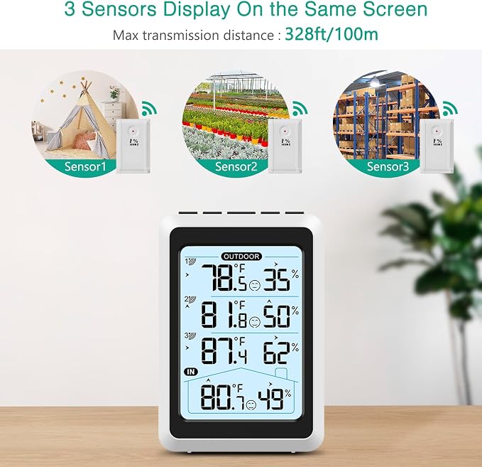 3 Sensor Wireless Indoor Outdoor Thermometer Hygrometer, Digital Temperature Humidity Monitor with Backlit Display, Min/Max