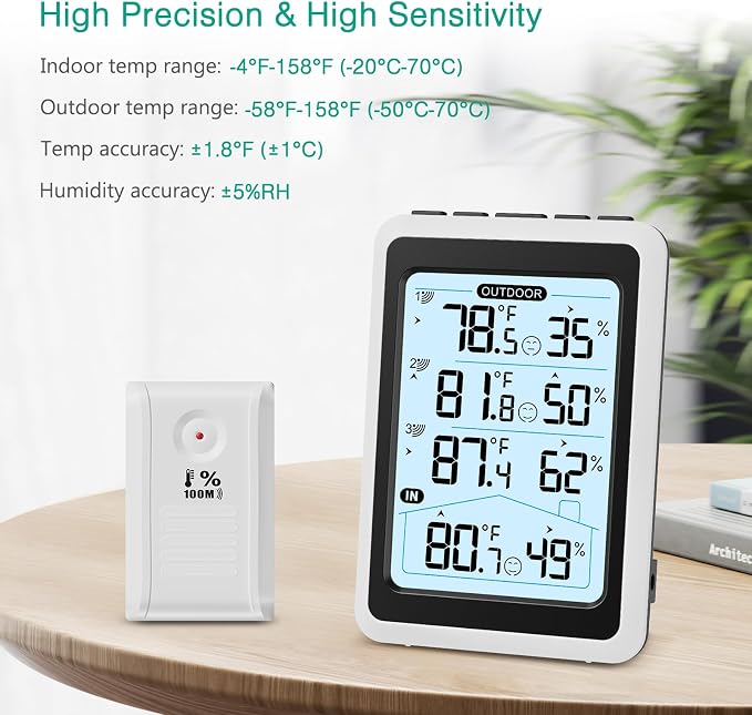 3 Sensor Wireless Indoor Outdoor Thermometer Hygrometer, Digital Temperature Humidity Monitor with Backlit Display, Min/Max