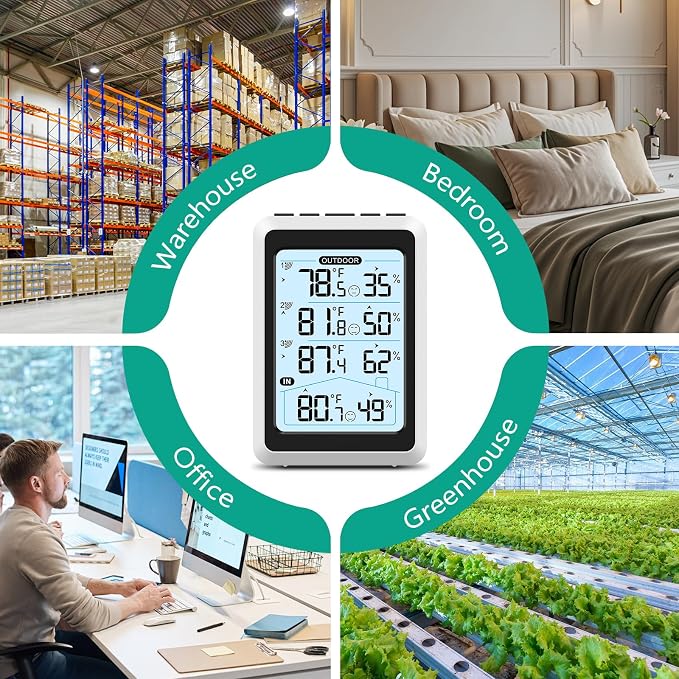 3 Sensor Wireless Indoor Outdoor Thermometer Hygrometer, Digital Temperature Humidity Monitor with Backlit Display, Min/Max