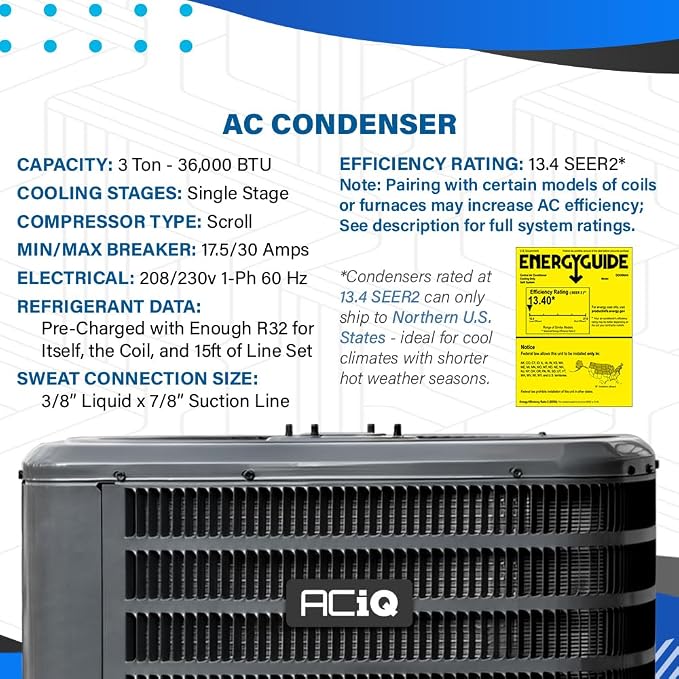 3 Ton 13.4+ SEER2 Central Air Conditioner Split System & Mobile Home Coil - R32 Single Stage | 36000 BTU Energy Efficient AC