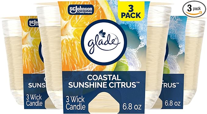 3-Wick Scented Candle Jar, Coastal Sunshine Citrus, Air Freshener Infused with Essential Oils, 6.8 Oz, 3 Count 3 Count 6.8 Oz