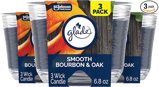 3-Wick Scented Candle Jar, Smooth Bourbon & Oak, Air Freshener Infused with Essential Oils, 6.8 Oz, 3 Count 3 Count 6.8 Oz