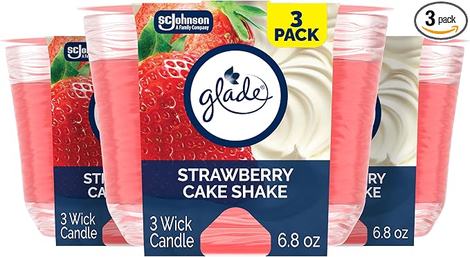 3-Wick Scented Candle Jar, Strawberry Cake Shake, Air Freshener Infused with Essential Oils, 6.8 Oz, 3 Count 3 Count 6.8 Oz